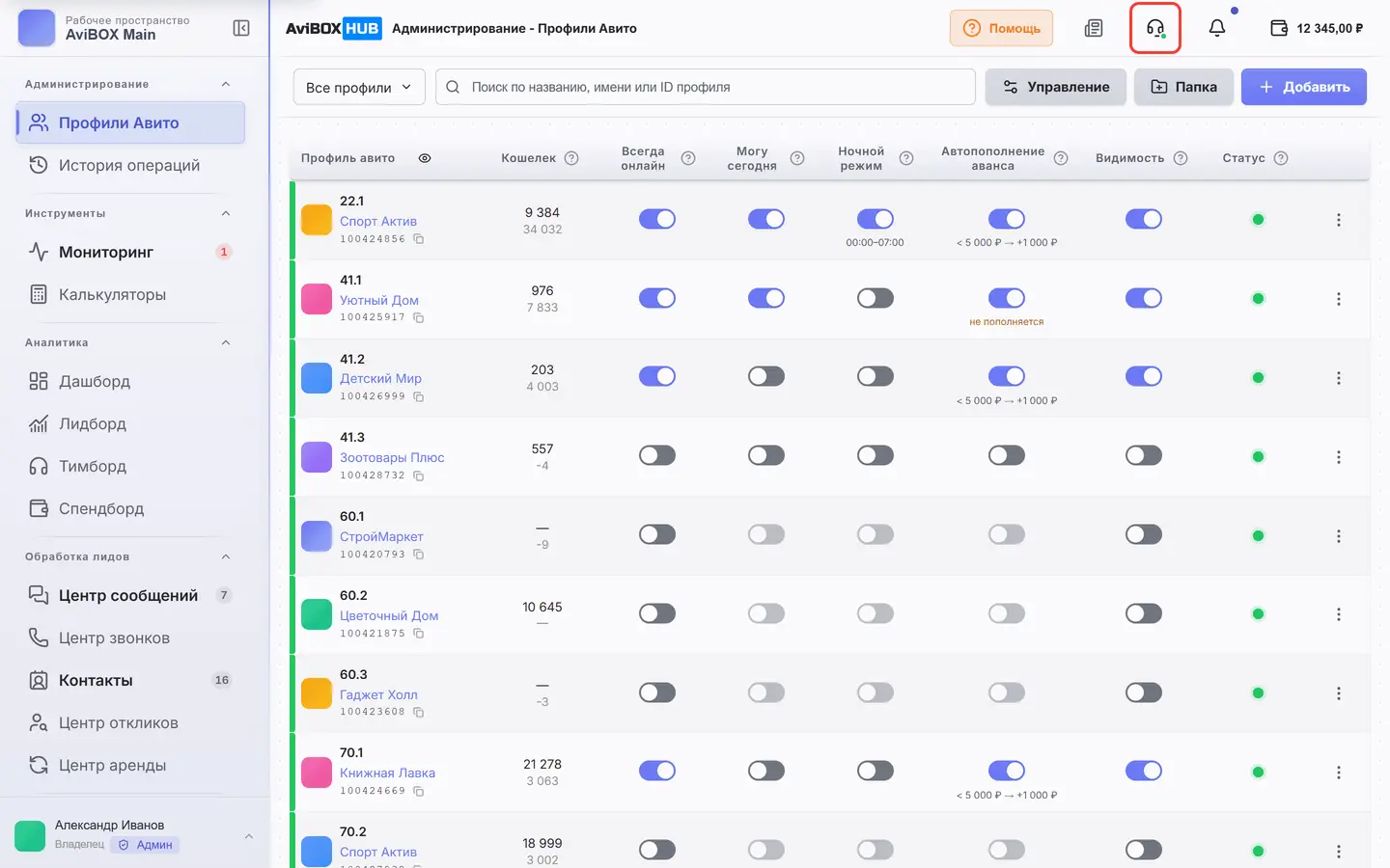 Шапка AviBOX HUB: обведён значок наушников «Открыть чат поддержки»
