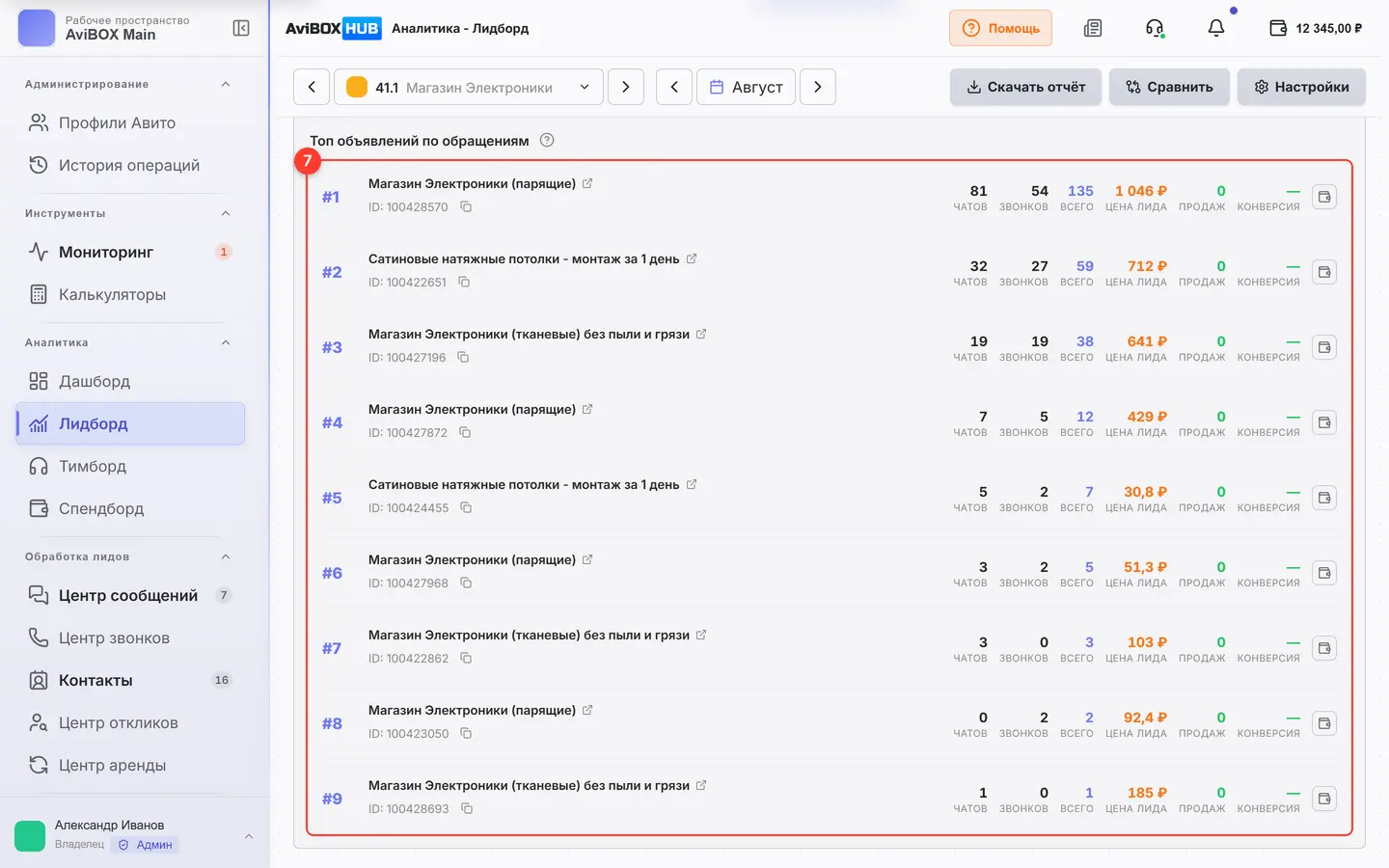 Экран «Лидборд», ниже: пронумерован элемент 7