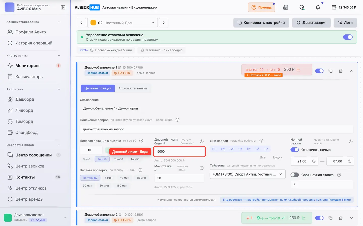 В открытом биде обведено поле «Дневной лимит бида, ₽»