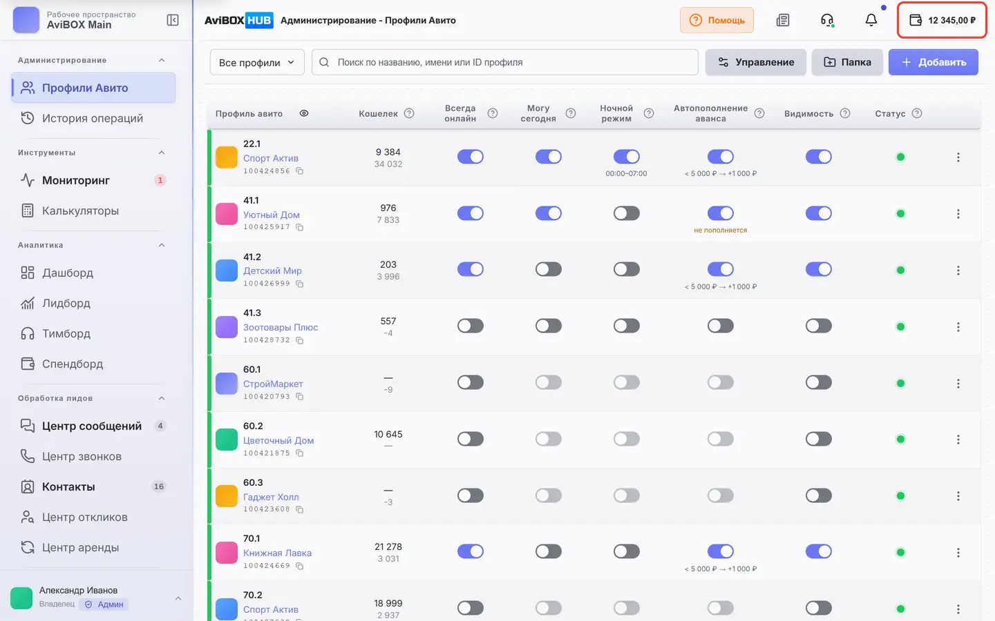 Шапка AviBOX HUB: обведена кнопка со значком кошелька и суммой справа вверху