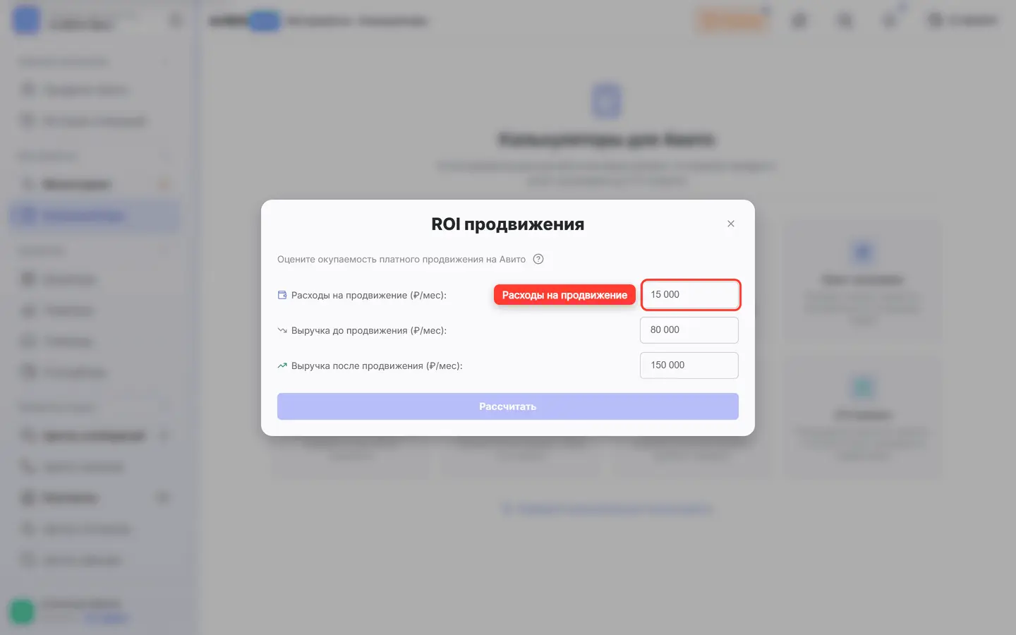 В окне «ROI продвижения» обведены поля показателей