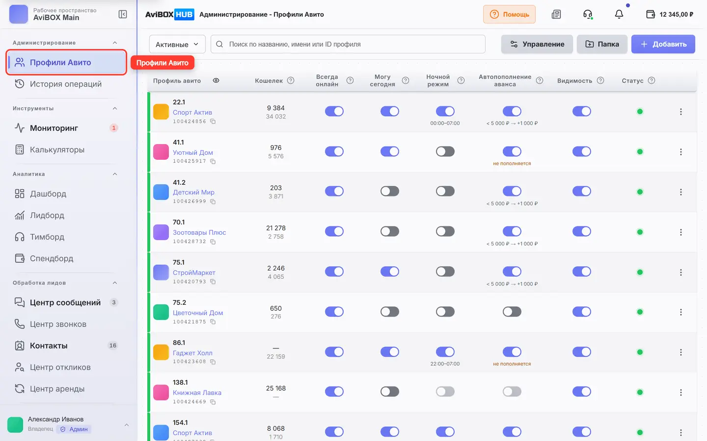 Главный экран AviBOX HUB: левое боковое меню с разделами, в центре — таблица профилей Авито с балансами и статусами