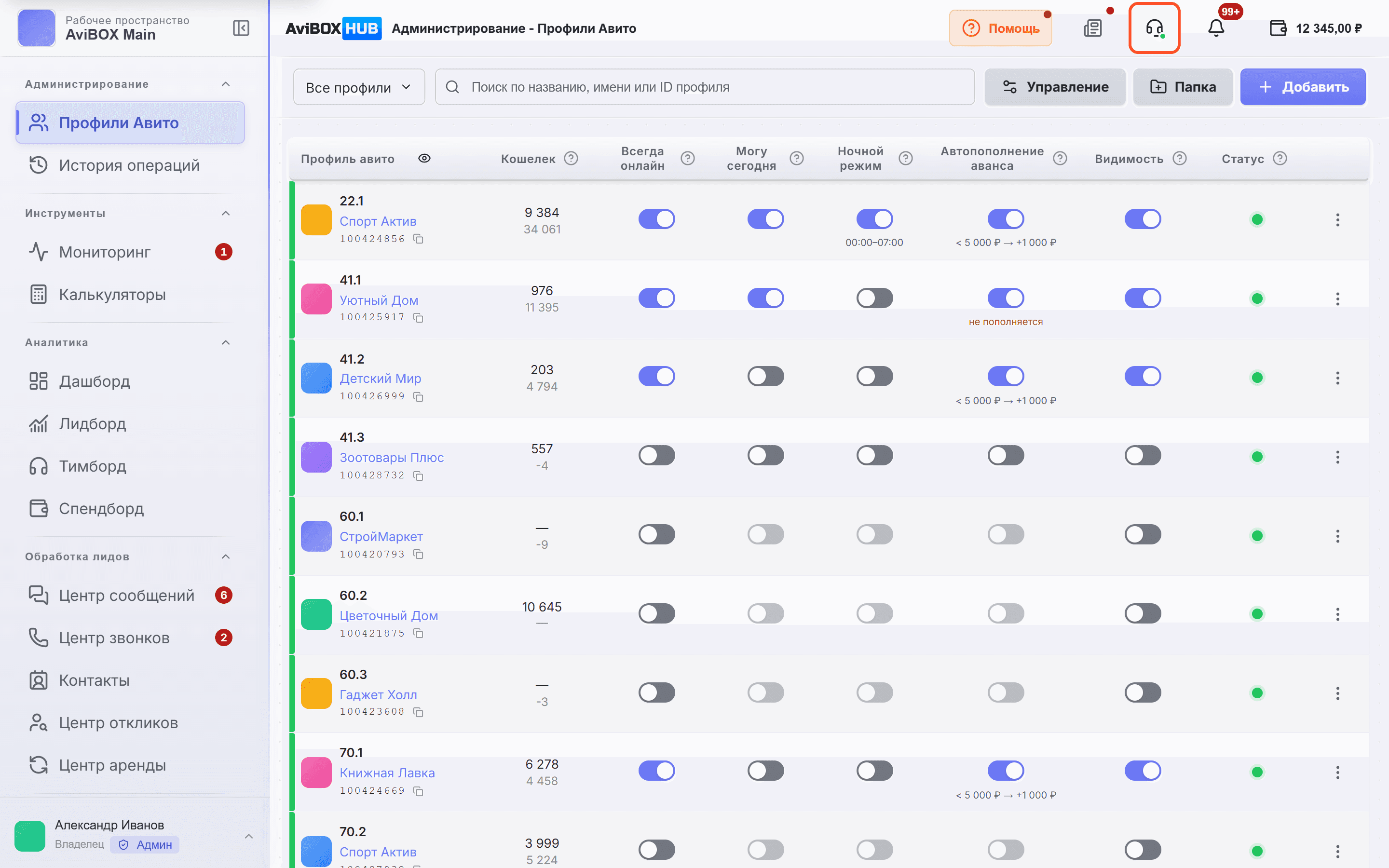 Шапка AviBOX HUB: обведён значок наушников «Открыть чат поддержки»