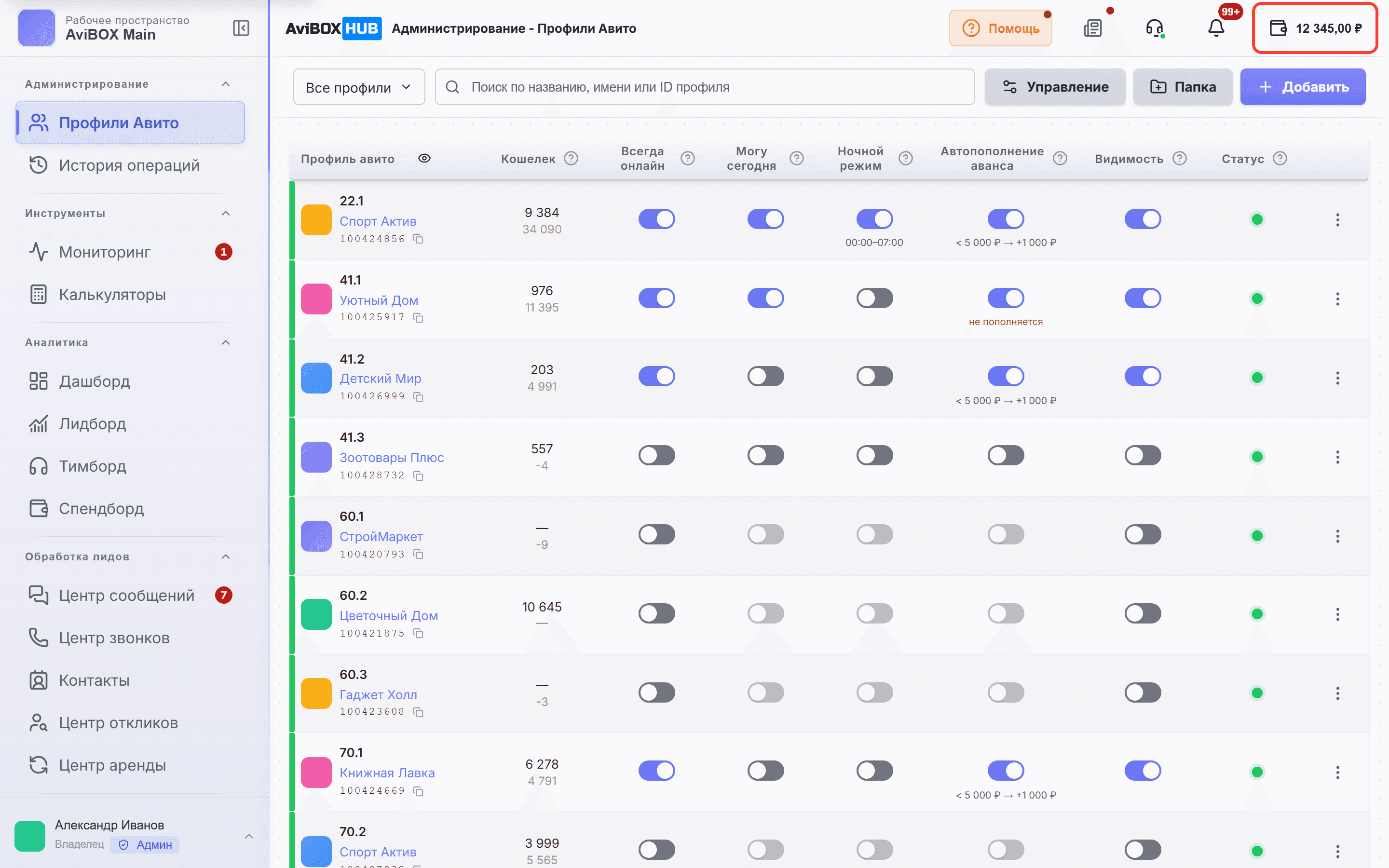 Шапка AviBOX HUB: обведена кнопка со значком кошелька и суммой справа вверху