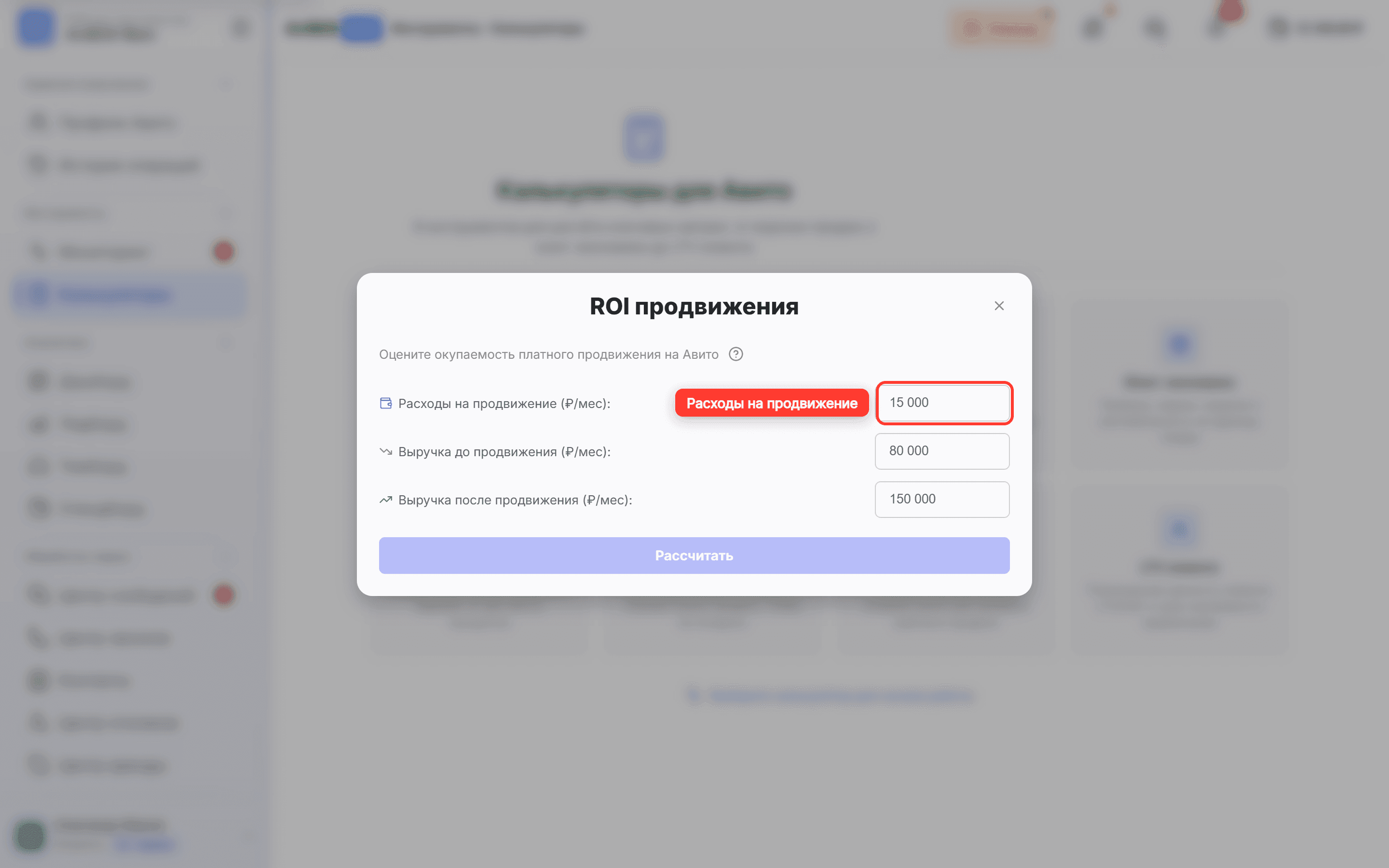 В окне «ROI продвижения» обведены поля показателей