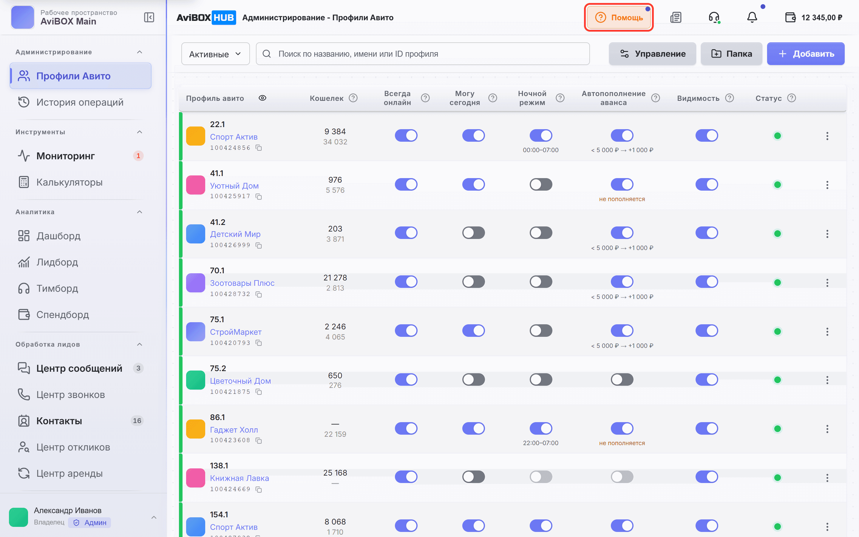 Шапка AviBOX HUB: обведена кнопка «Помощь»