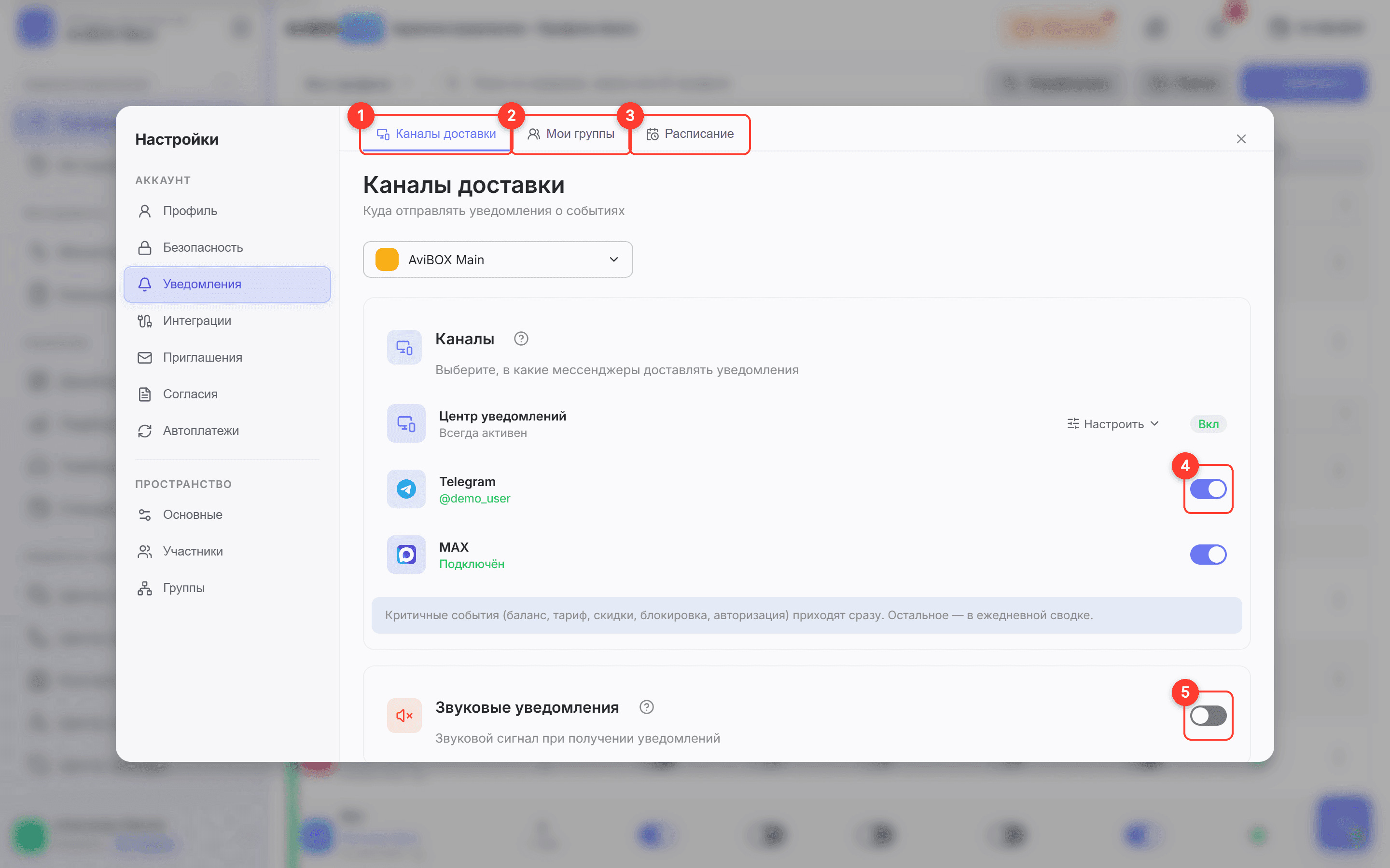 Экран уведомлений: пронумерованы вкладки и каналы