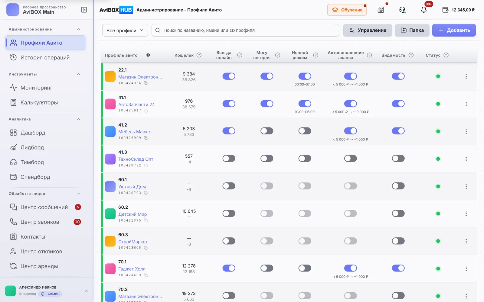 AviBOX HUB — таблица профилей Авито с балансами и статусами